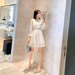 Long-sleeve V-neck Plain Mini Dress