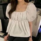 Puff-sleeve Square Neck Crinkle Blouse
