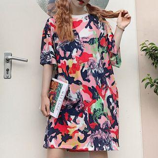 Printed Elbow Sleeve T-shirt Dress (4 Designs)