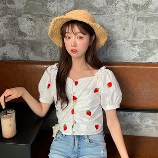Puff-sleeve Embroidered Strawberry Buttoned Top As Shown In Figure - One Size