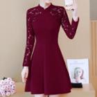 Long-sleeve Frog-button Mini A-line Lace Dress