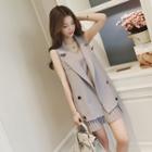 Set: Spaghetti Strap Mini Pleated Dress + Double-breasted Vest