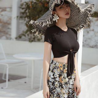 Set: Short-sleeve Swim Top + Swim Bottom + Floral Pants