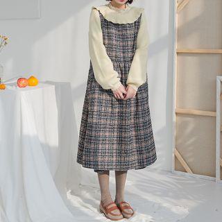 Plaid Midi A-line Jumper Dress Plaid - Black & Orange - One Size