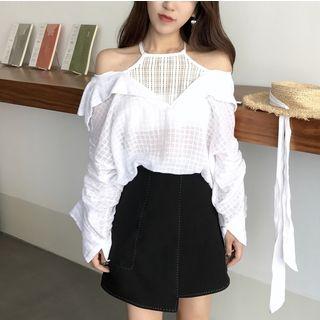 Cold Shoulder Halter Long-sleeve Blouse