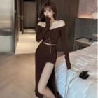 Set: Drawstring Off-shoulder Long-sleeve T-shirt + Side-slit Midi Straight-fit Skirt