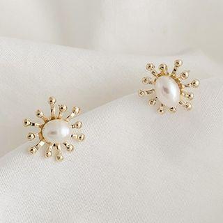 Faux Pearl Stun Stud Earring 1 Pair - Gold & White - One Size