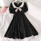 Contrast Collar Bow Short-sleeve Midi A-line Dress