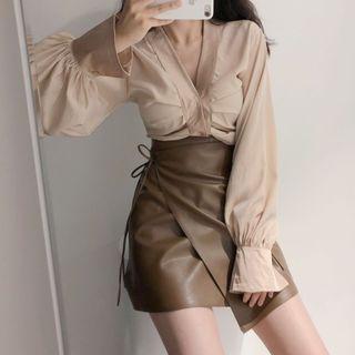 Puff-sleeve Top / Asymmetric Mini Skirt