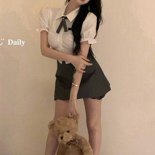 Short-sleeve Cropped Blouse / Mini A-line Skort