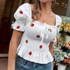 Puff-sleeve Strawberry Embroidered Frill Trim Blouse