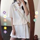 Short-sleeve Flower Print Shirt / Mini Pleated Skirt