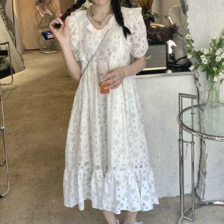 Puff-sleeve Ruffle Trim Cutout Midi Dress As Shown In Figure - One Size