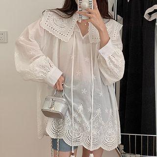 Tie-neck Embroidered Blouse White - One Size