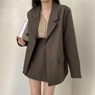 V-neck Long-sleeve Knit Top / Long-sleeve Blazer / High-waist A-line Mini Skirt