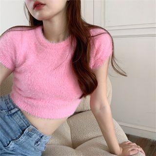 Short-sleeve Plain Slim-fit Cropped Knit Top