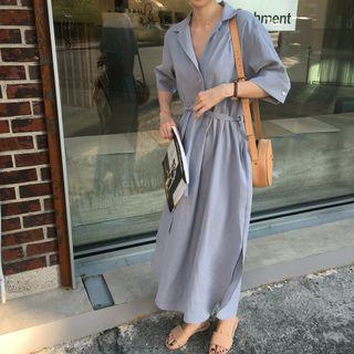 Plain Elbow Sleeve Midi Shirt Dress