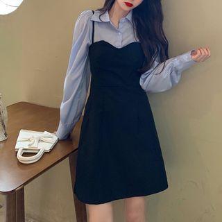 Long-sleeve Plain Shirt / Spaghetti Strap A-line Mini Dress