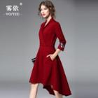 3/4-sleeve Tie-waist A-line V-neck Plain Sheath Dress
