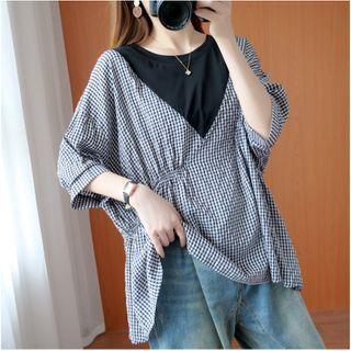 Elbow-sleeve Plaid Blouse Black - One Size
