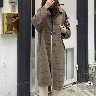 Plaid Single-breasted Long Coat Coffee - One Size
