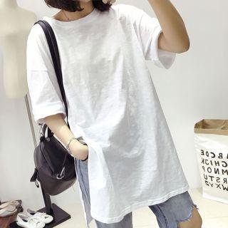 Elbow-sleeve Slit-side Long T-shirt