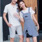 Couple Matching Printed Short-sleeve T-shirt / Set: Short-sleeve T-shirt + Striped Pinafore Dress