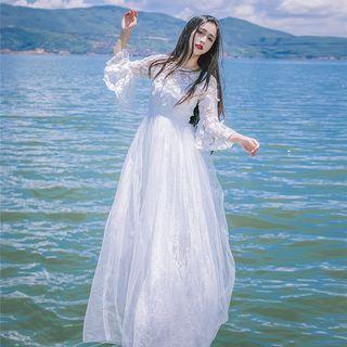 Bell-sleeve Floral Embroidered Tie-waist Crewneck Party Gown