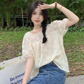 Short-sleeve Floral Lace Blouse Almond - One Size
