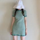 Short-sleeve Mini Plaid Sheath Dress Green - One Size