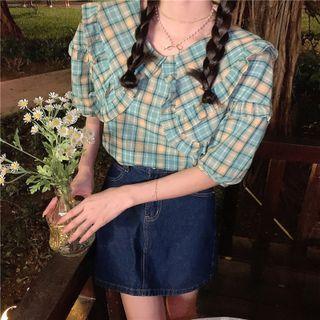 Ruffle Trim Collar Plaid Blouse Plaid - Green - One Size