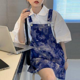 Elbow-sleeve Shirt / Tie-dyed Mini A-line Denim Pinafore Dress