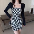 Square Neck Checkered Panel Mini Bodycon Dress