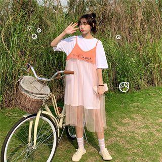 Crew-neck Elbow-sleeve T-shirt Dress / Mesh Spaghetti Strap Dress