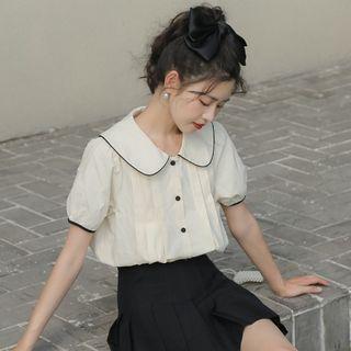 Short-sleeve Contrast Trim Pleated Blouse Almond - One Size