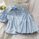 Set: Puff-sleeve Shirt + Elastic-waist Mini Skirt