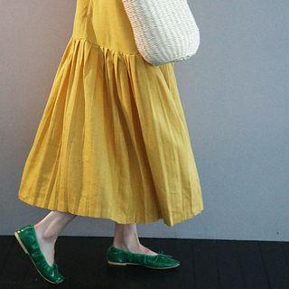 V-neck Pleated-hem Linen Blend Long Dress