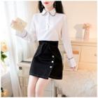 Set: Bow-accent Long-sleeve Shirt + Lace-up Skirt