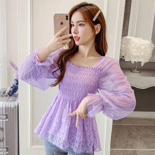 Long-sleeve Shirred Lace Peplum Top