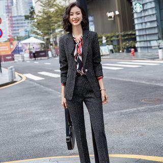 One-button Blazer / Long-sleeve Printed Tie-neck Blouse / Dress Pants
