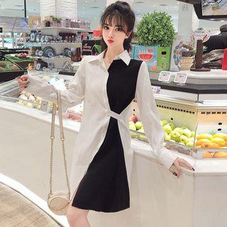 Long-sleeve Color Block Asymmetric Shirt Dress