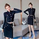 Set: Buttoned Knit Top + Skirt Black - One Size