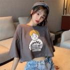 Elbow-sleeve Cropped Print T-shirt