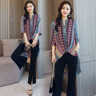 Set: 3/4-sleeve Chiffon Top + Boot-cut Pants