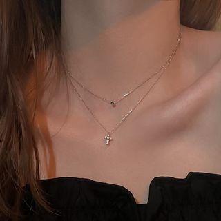 Set: Rhinestone Necklace + Cross Pendant Necklace Set - 2 Layers - Silver & Green - One Size