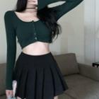 Long-sleeve Button-up Cropped T-shirt / Mini Pleated Skirt