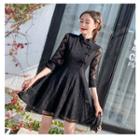 3/4-sleeve Lace Frog Buttoned A-line Mini Dress