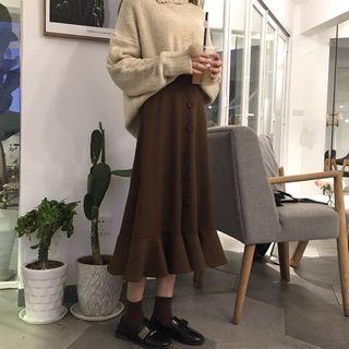 Button-front Ruffle Hem Midi A-line Skirt