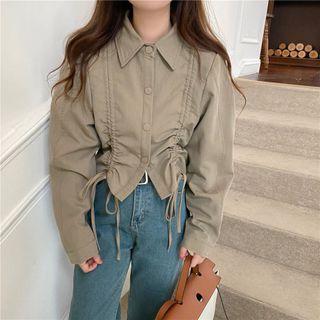 Long-sleeve Drawstring Asymmetric Blouse Army Green - One Size