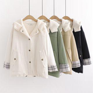Hooded Plaid-cuff Buttoned Jacket